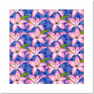 Pink Lily Flower Pattern Posters and Art